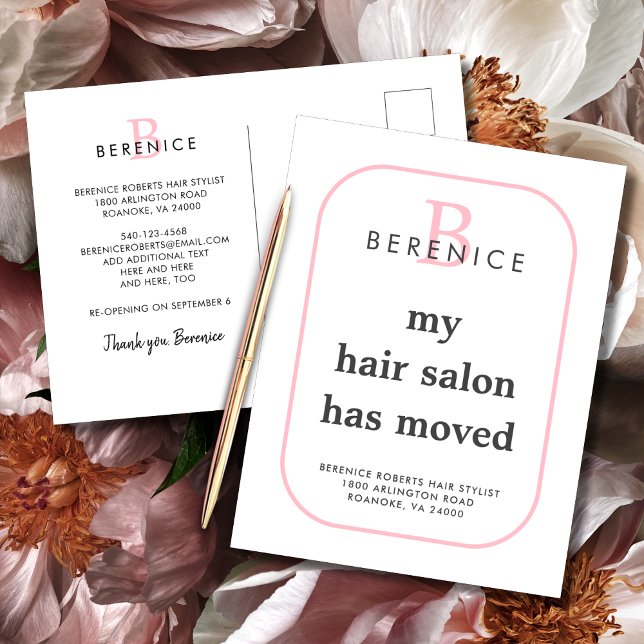  Business New Address Typography Monogram Moving Announcement Postcard (Business New Address Postcard Hair Salon Pink Monogram Logo Typography)