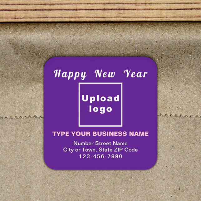 Business New Year Purple Square Sticker (New Year greeting with your business brand on purple square sticker.)