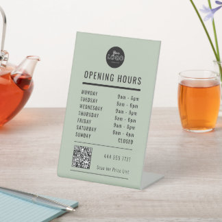 Business Open Hours Black Sage Green Logo QR Code Pedestal Sign