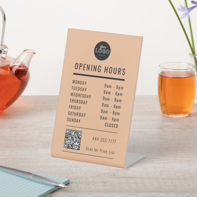Business Open Store Hours Black Peach Logo QR Code Pedestal Sign (In SItu)