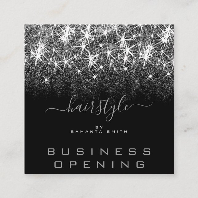Business Opening Hair Stylist Silver Glitter Spark Square Business Card (Front)