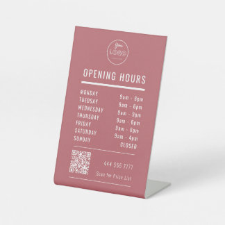 Business Opening Hours Logo QR Code on Dusty Red Pedestal Sign