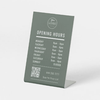 Business Opening Hours Logo QR Code on Muted Green Pedestal Sign