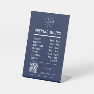 Business Opening Hours Logo QR Code on Navy Blue Pedestal Sign