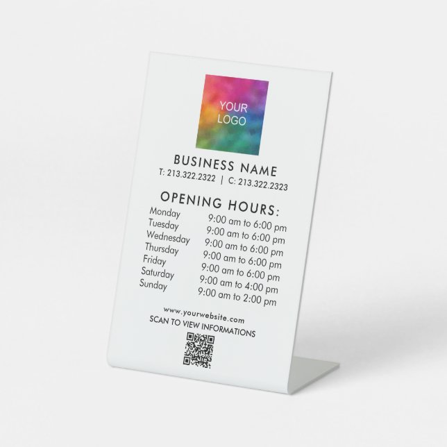 Business Opening Hours Logo Text QR Code Custom Pedestal Sign (Front)