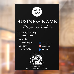 Business Opening Hours Modern Script & Qr, Social Window Cling