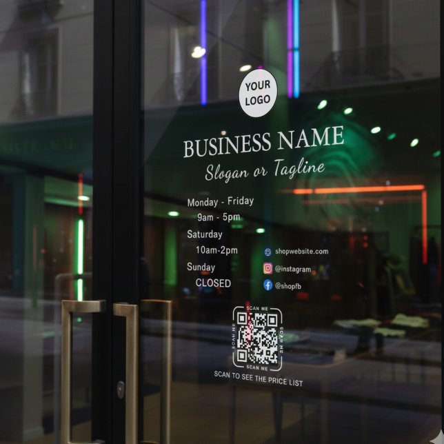 Business Opening Hours Modern Script & Qr, Social  Window Cling (Creator Uploaded)