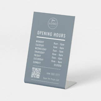Business Opening Hours on Blue with Logo QR Code Pedestal Sign