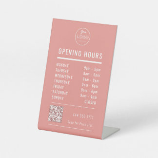 Business Opening Hours on Coral Pink Logo QR Code Pedestal Sign