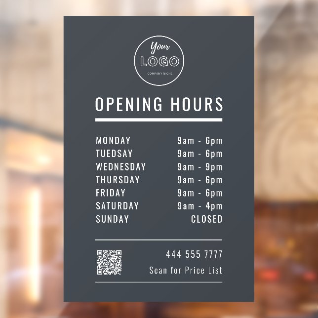 Business Opening Hours on Grey with Logo QR Code Window Cling (Sheet 2)