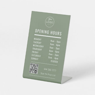 Business Opening Hours on Muted Green Logo QR Code Pedestal Sign