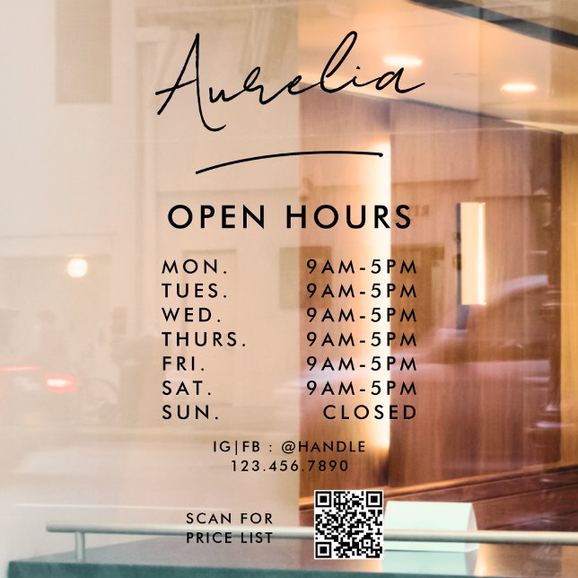 Business Opening Hours Signature Logo QR Code Window Cling (Creator Uploaded)
