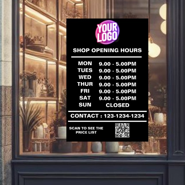 Business Opening Hours with Logo and QR Code Window Cling (Creator Uploaded)
