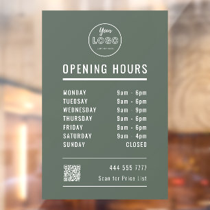 Business Opening Hours with Logo QR Code Green Window Cling