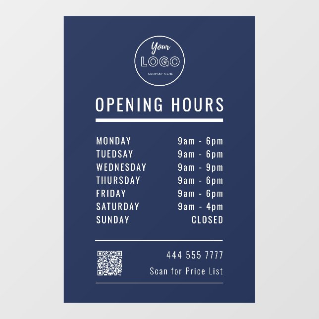 Business Opening Hours with Logo QR Code Navy Blue Window Cling (Sheet)