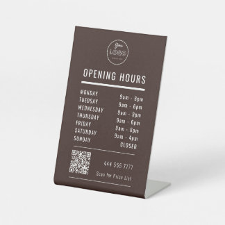 Business Opening Hours with Logo QR Code on Brown Pedestal Sign