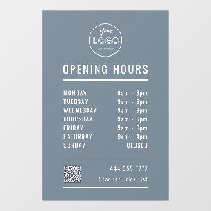 Business Opening Hours with Logo QRCode Dusty Blue Window Cling