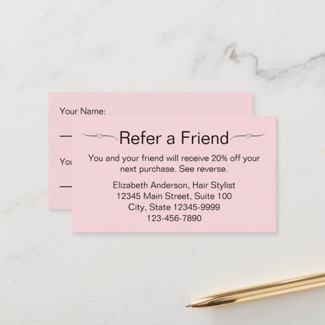 Business Pale Pink and Black Refer a Friend Card (Front/Back In Situ)