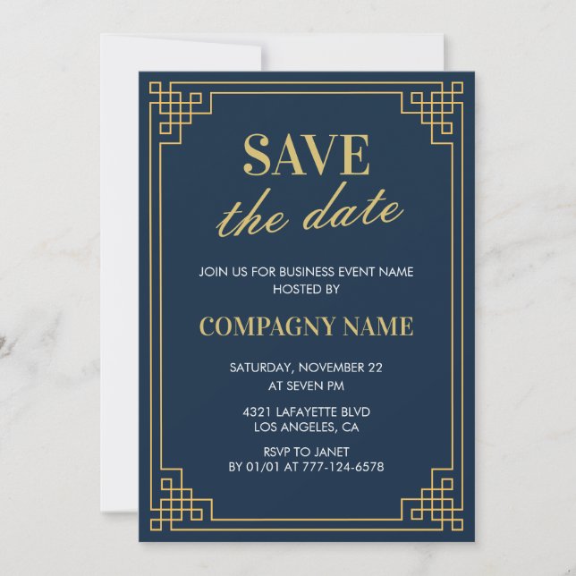 Business party invite Save the date Navy (Front)