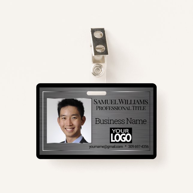 Business Photo Badge - Black Brush Steel (Front with Clip)