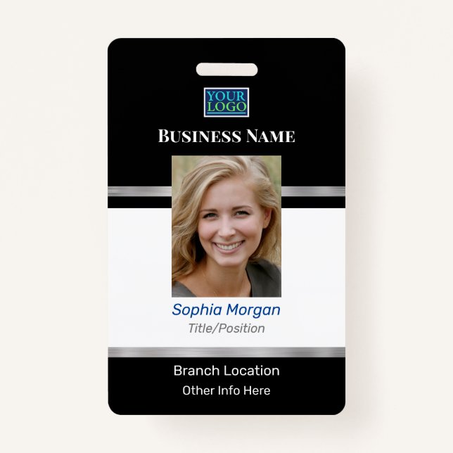 Business Photo Name Logo Info, Black White Silver Badge (Front)