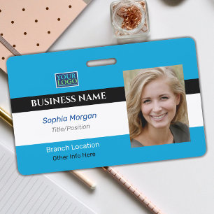 Business Photo Name Logo Info, Blue, Black & White Badge