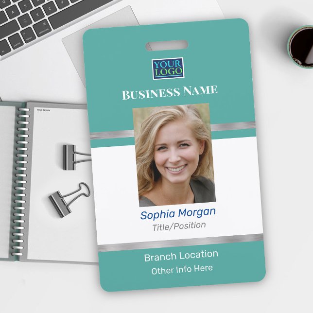 Business Photo Name Logo Info, Teal Silver & White Badge (Creator Uploaded)