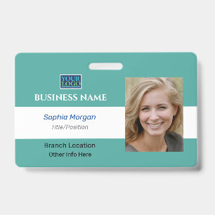 Business Photo Name Logo Info, Teal & White Badge