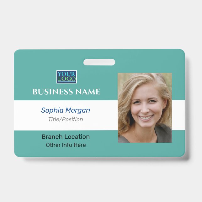 Business Photo Name Logo Info, Teal & White Badge (Front)