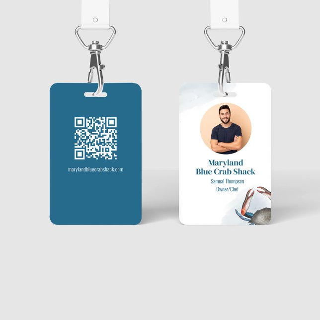Business Photo QR Code Restaurant  Badge (Restaurant Seafood Blue Crab with QR Code Template.)