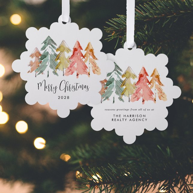 Business Pine Trees Watercolor Merry Christmas Ornament Card (Creator Uploaded)