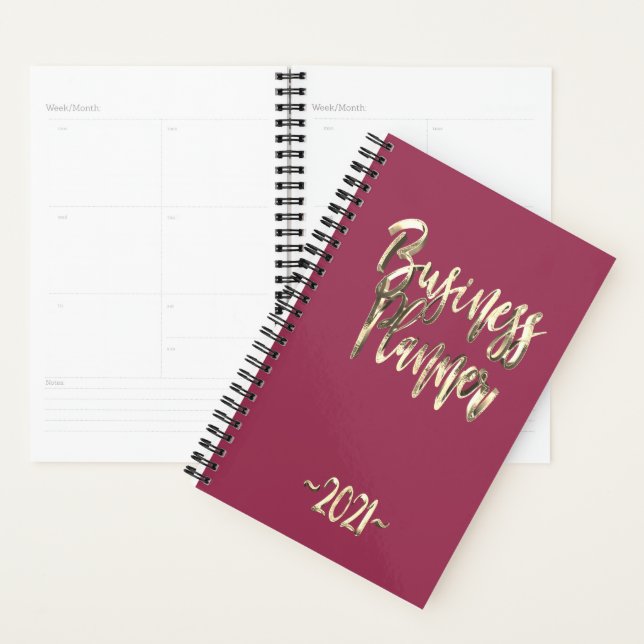 Business Planner 2021 Rose Red Gold Script moderne (Devant avec enveloppe)