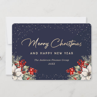 Business Poinsettia Holly Berries Snow Blue Holiday Card