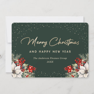 Business Poinsettia Holly Berries Snow Green Holiday Card
