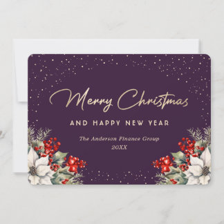 Business Poinsettia Holly Berries Snow Purple Holiday Card