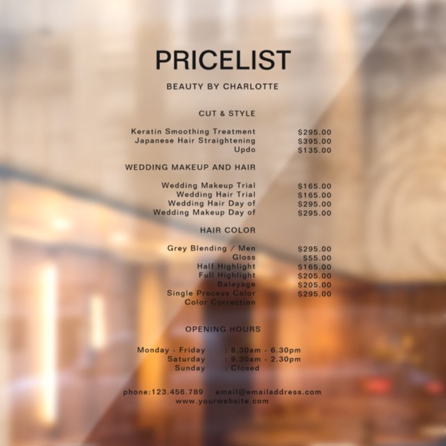 Business Pricelist & Opening Hours Window Cling (Sheet 2)