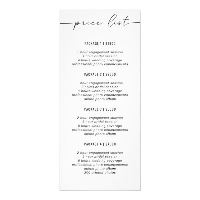 Business Pricing Guide | Simple | Photographer  Rack Card (Front)