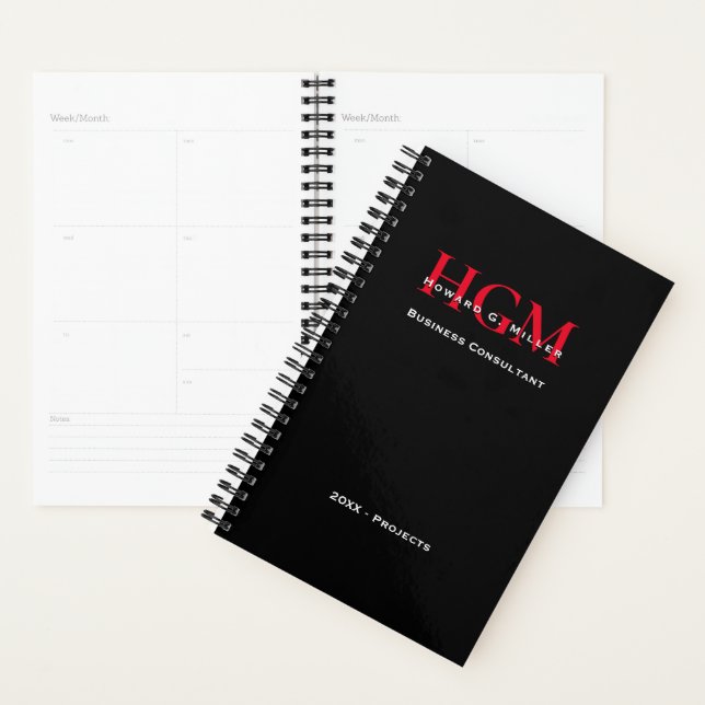 Business Professional Monogram Logo Black Red Planner (Display)