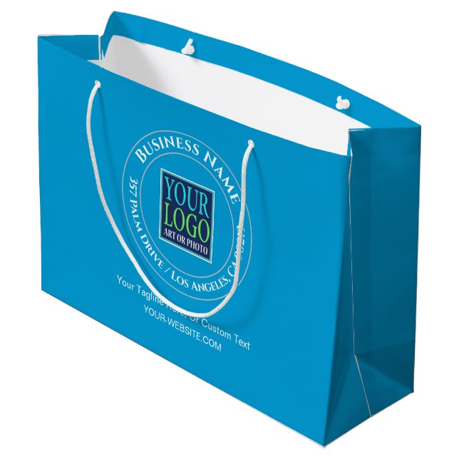Business Promo, Circle Design, Logo, Address, Blue Large Gift Bag (Back Angled)