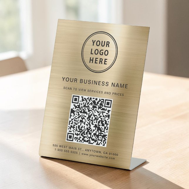 Business QR Code and Logo Metallic Gold Pedestal Sign (Business QR Code and Logo Metallic Gold Pedestal Sign)