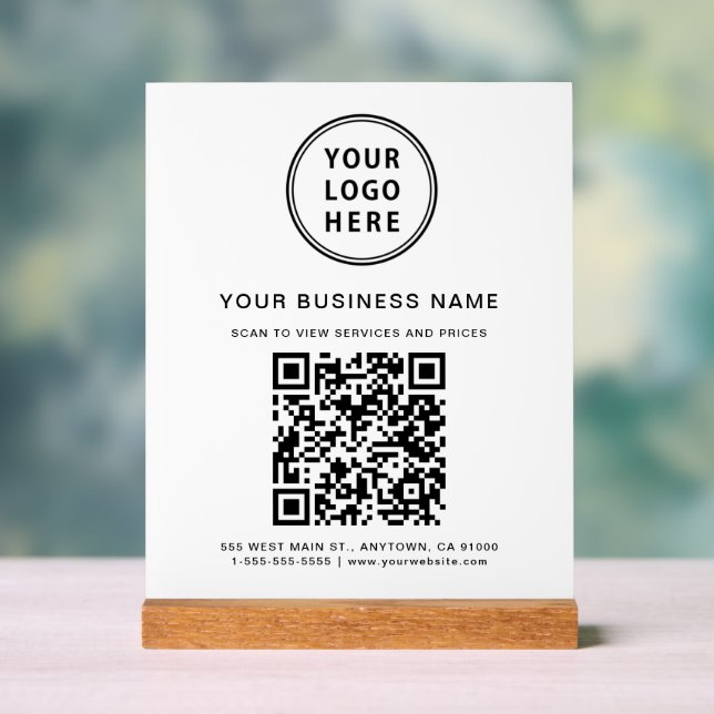 Business QR Code and Logo White Acrylic Sign (Neutral)