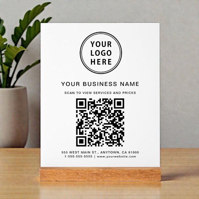 Business QR Code and Logo White Acrylic Sign (Business Logo Scan Me QR Code Pedestal Sign)