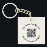 Business QR code and Text Ecru Keychain<br><div class="desc">Black and white key ring with QR code and two lines of curved text.  Advertise a business with name that curves around the top and address at the bottom on off-white background.  This key ring has the design on one side only.</div>
