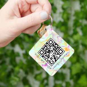 Business QR Code Faux Holographic Monogrammed Keychain