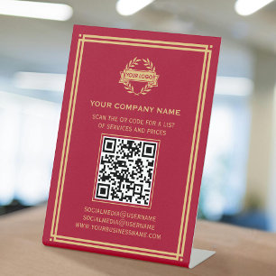 Business QR Code Logo Customer Services Red Gold Pedestal Sign