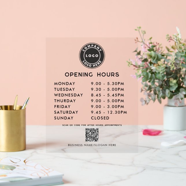 Business QR Code Logo Modern Opening Hours Acrylic Sign (Wedding)