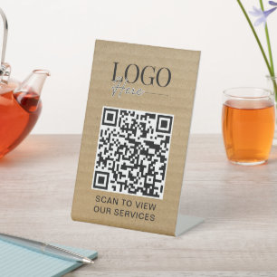 Business QR Code Logo Modern Rustic Kraft Pedestal Sign