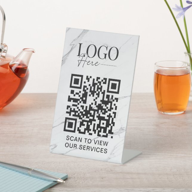 Business QR Code Logo Modern White Marble Salon Pedestal Sign (In SItu)