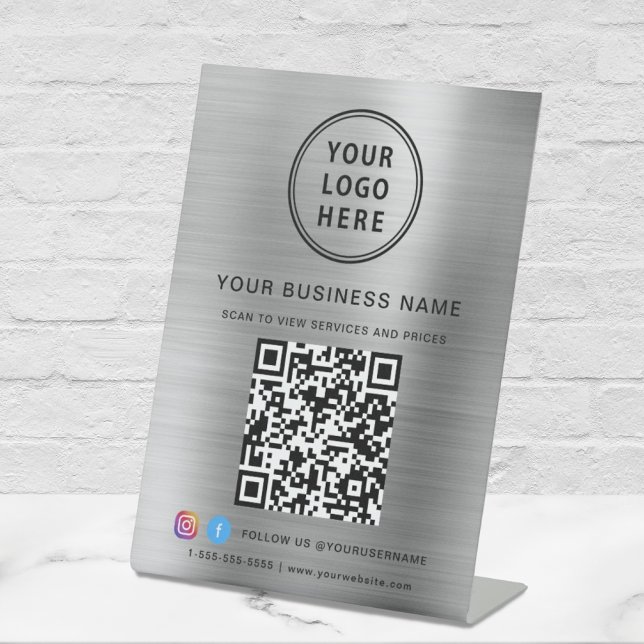 Business QR Code Logo Social Media Silver Pedestal Sign (Creator Uploaded)