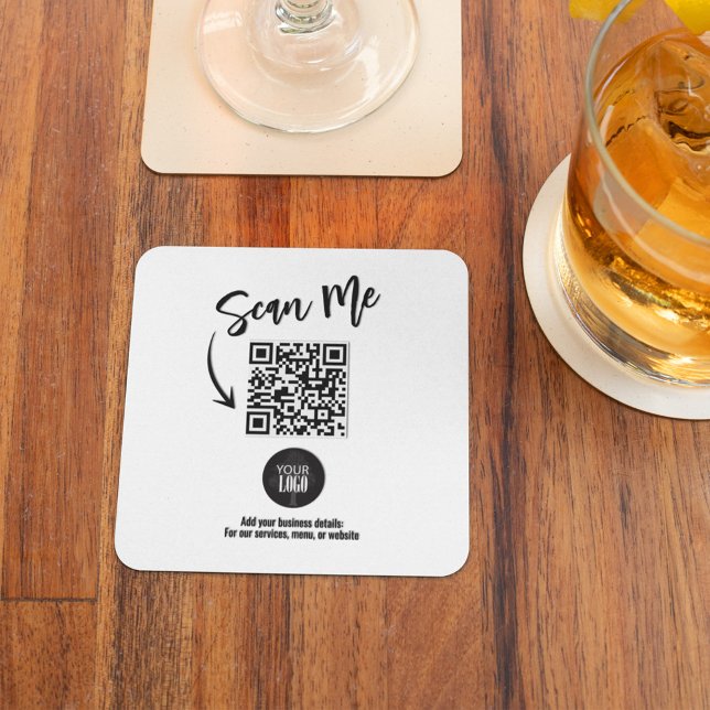 Business QR Code Scan Me Simple Square Paper Coaster (Modern business QR code coaster for branding and menus.)